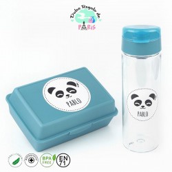 Pack Botella 600ml  y Cajita Porta Alimentos Panda Azul personalizadas
