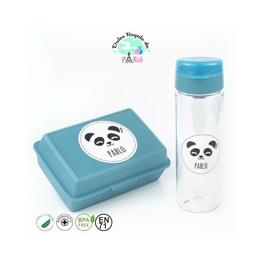 Pack Botella Cajita Porta Alimentos Panda Azul personalizadas